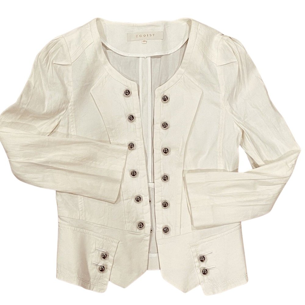 EGOIST‎ Paris Linen Blend Blazer Jacket Cardigan Womens Sz 55 White Silver